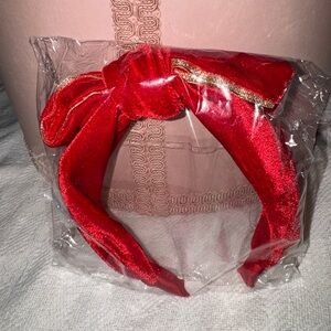 Vibrant Red Velvet Headband with Gold Trimmed Bow